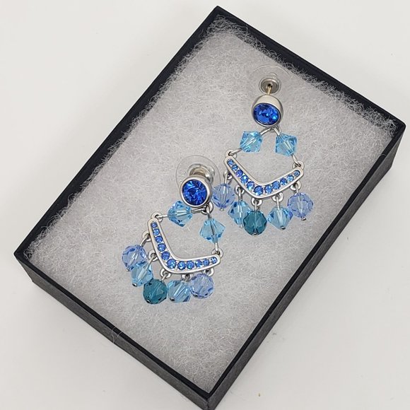 Swarovski Crystal Blue Chandelier Dangle Drop Silver Post Earrings - Picture 4 of 12